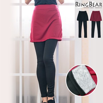 假兩件--輕柔雕塑美腿窄裙後貼口袋內刷毛假兩件式內搭褲(黑.紅XL-4L)-P123眼圈熊中大尺碼