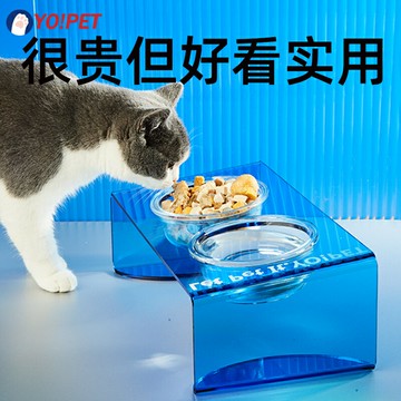 柚寵貓碗狗碗護頸貓食盆防打翻幼貓水碗玻璃貓碗架不銹鋼陶瓷用品