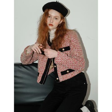 ISISLOVE2025秋冬新款小香風高級感復古氣質粗花呢外套女圓領上衣