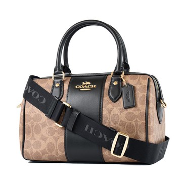 COACH 配色緹花LOGO防刮手提斜背二用寬背帶波士頓包-卡其黑