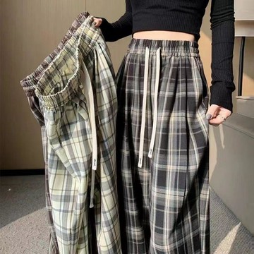 【復古風繫帶】2026格子褲 春夏新款 休閒褲 高腰直筒 薄款闊腿褲 女學生 格子長褲 寬褲 寬鬆褲 繫帶褲 復古褲 春
