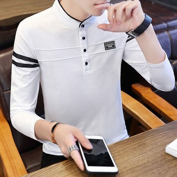 【高品质95%棉】秋季长袖t恤男纯棉polo衫立领男士潮流打底衫男装长袖T恤 純棉T大尺碼T长袖男生