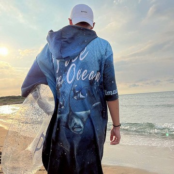 萬用快乾毛巾衣-幽藍鬼蝠魟  (連帽速乾斗篷/防風保暖/行動更衣)