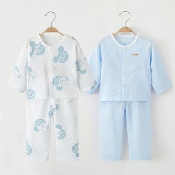 紗布套裝寶寶長袖長褲空調服超薄款透氣夏天純棉嬰兒夏裝兒童睡衣