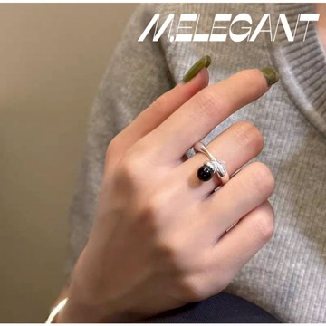 M.e.【24H出貨】黑色圓珠吊墜戒指S925銀開口戒指 可調節戒指