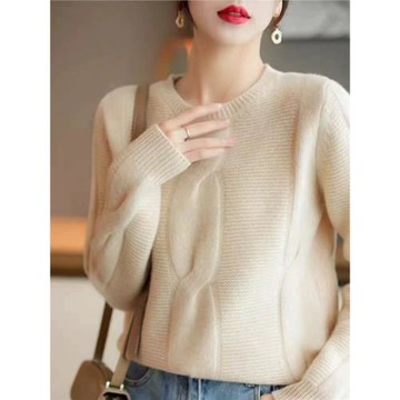 秋季新款純羊絨衫女圓領套頭短款毛衣寬松羊毛長袖時尚針織打底衫