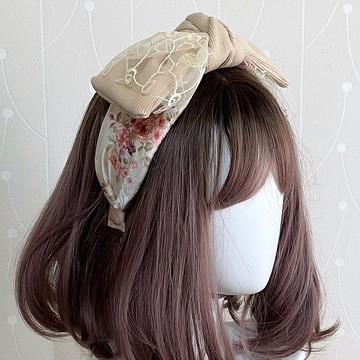 蝴蝶結扭結兩用髮箍/ 杏 典雅蕾絲花園寬版髮帶式頭箍 髮圈 頭帶