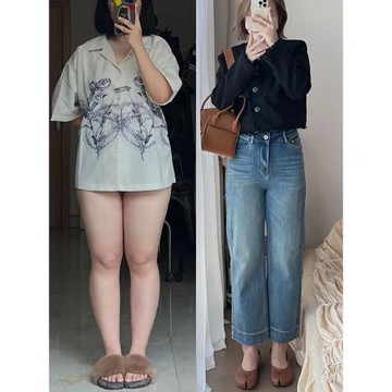 梨形身材粗腿寬胯顯瘦褲子女款小個子胖mm大碼直筒九分煙管牛仔褲