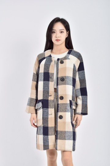 (S) 質感棉質格紋長袖杏色外套