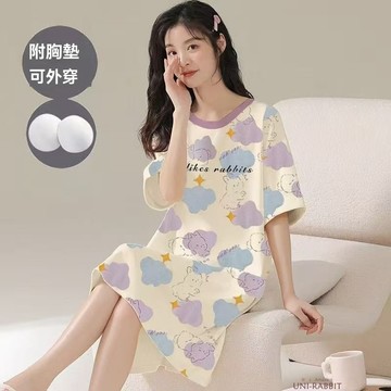 睡裙女夏季帶胸墊短袖可出門胖mm夏天學生宿捨大碼寬鬆家居服女士帶胸墊睡裙女士寬鬆帶胸墊睡裙女士居家休閒短袖睡裙