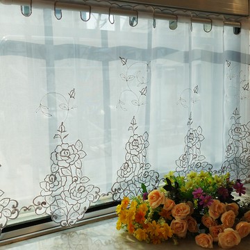 特價成品飄窗簾陽臺裝飾短簾布藝刺繡短窗半簾廚房銀色透光小紗簾
