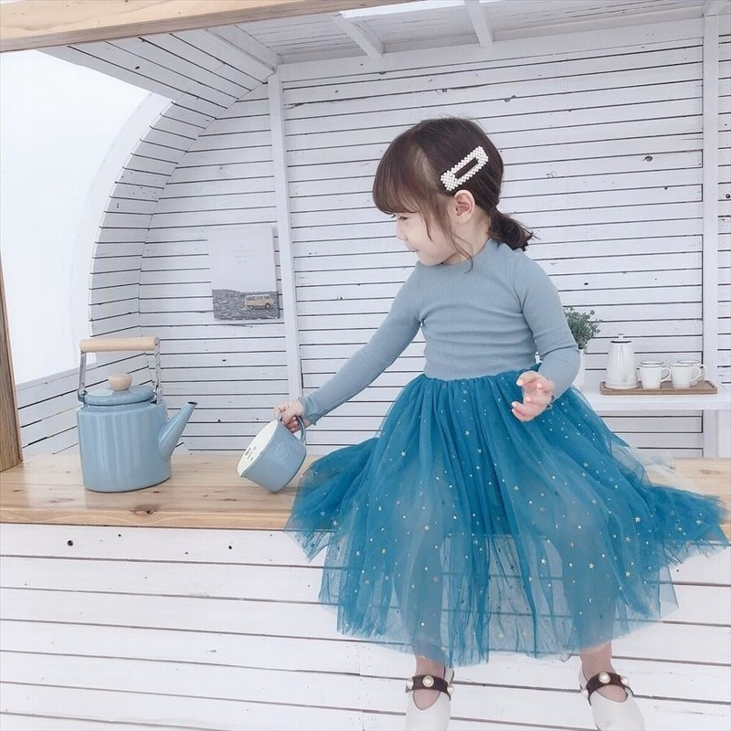 ワンピース キッズ 女の子 ガール ピンク ブルー 長袖 おしゃれ かわいい 上品 星 チュールスカート 子供服 90 100 110 120 130  通販 LINEポイント最大0.5%GET LINEショッピング