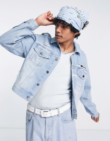 ASOS DESIGN cropped denim jacket in light wash with rips-Blue