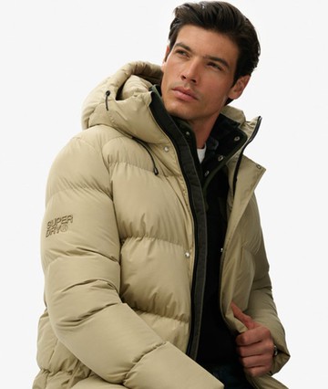 Superdry Men's Hooded Mid Length Sports Puffer Jacket Beige Size: S