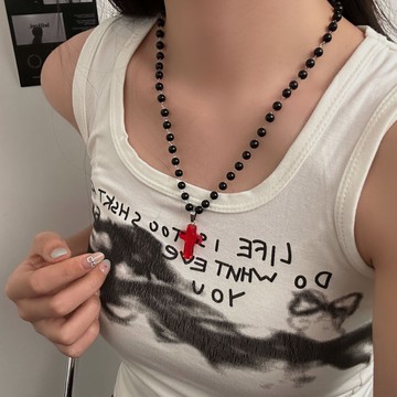 【台灣公司 可打統編】免運 跨境爆款黑色串珠紅色十字架吊墜項鏈女高級感朋克配飾鎖骨鏈飾品 可開發票 全館五折 工廠現貨直銷 新品特價 z9211