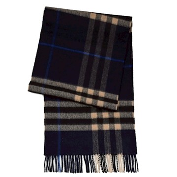 BURBERRY 格紋喀什米爾羊毛雙面長圍巾/披肩(深藍)