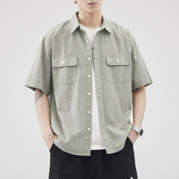 新款男士條紋短袖襯衫，夏季日系復古潮流品牌，寬鬆、時尚、休閒、百搭男士襯衫。