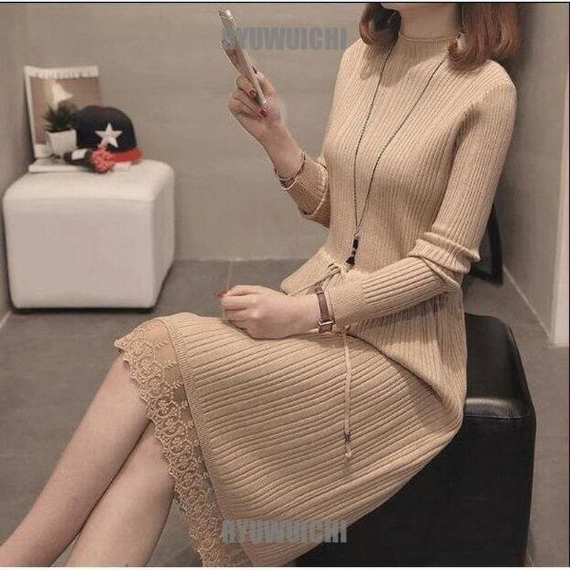 ロングワンピース リボン付き ニットワンピース レディース 長袖 ニット リブ レース切り替え 細身 春秋 カジュアル 通勤 オフィス お洒落 通販 Lineポイント最大get Lineショッピング