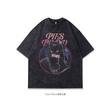 From Mars逃離喧囂 ins創意貓咪印花夏季寬松洗水短袖T恤男女潮牌