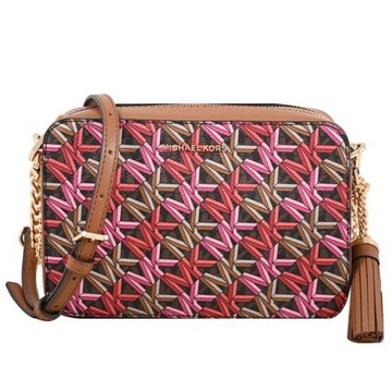 MICHAEL KORS JET SET MK撞色印花流蘇吊飾斜背相機包.咖