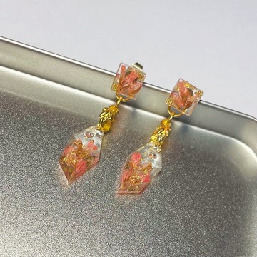 橘葉耳環 原創 手作 乾燥花 日本樹脂 日系 透明 橘色 金色 葉子