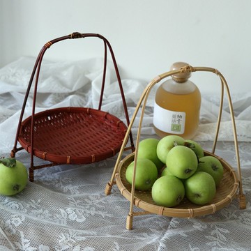 竹編茶點籃 小果籃手工制作 糕點籃點心盤 可拆卸復古 籃子展示