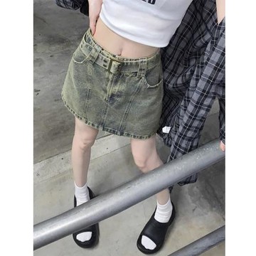 雯雯小超人 復古腰帶A字牛仔短裙女夏季新款2025高腰顯瘦半身裙子