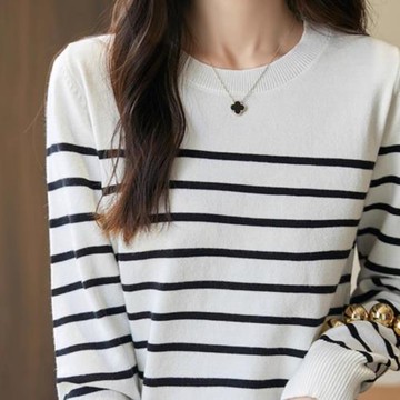拼接圓領條紋針織衫女韓版長袖時髦打底衫女秋冬新款套頭內搭毛衣
