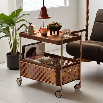 免運 開發票 實木胡桃木色復古帶輪小推車客廳沙發移動藤編簡約置物邊茶幾收納 快速出貨