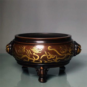 老件紫銅鎏金莊公家藏款高9.5*20公分2.7公斤火龍三象足香爐擺件