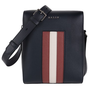 BALLY 金屬銀字紅白條槓皮革斜背航空包(海軍藍)