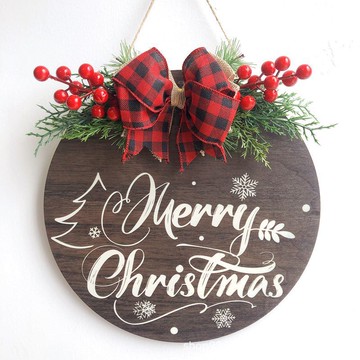 「節日裝飾」仿真绿植木牌挂件家居门墙装饰圣诞节装扮欢迎木牌花环 圣诞节