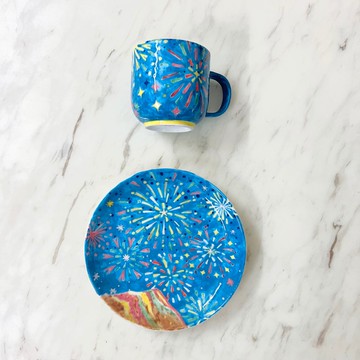 手繪陶瓷 • 彩虹山花火 • 杯盤組 .下午茶點心盤圓碟