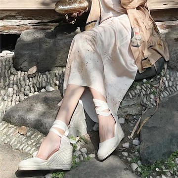 厚底坡跟草編羅馬鞋女夏2024新款防水臺綁帶中空麻繩漁夫包頭涼鞋