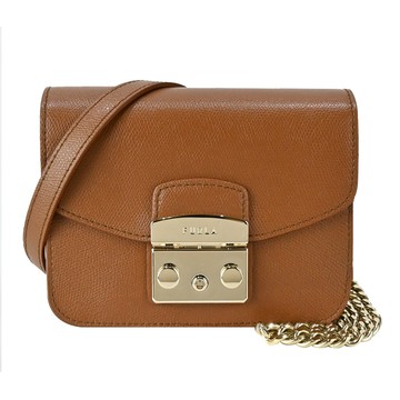 FURLA CROSSBODY 荔枝紋壓釦斜背包-棕