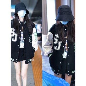 楊冪同款秋冬寬松情侶上衣刺繡拼接紐扣立領長袖夾克棒球服外套