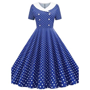 春夏季新款女裝顯瘦波點印花大擺連衣裙拼色圓點雙排扣短袖連衣裙