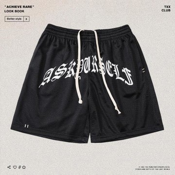 ASKYURSELF梵文字母休閑運動五分褲高街潮牌男女寬松抽繩網眼短褲