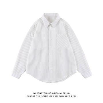 悟空有貨日系復古條紋長袖襯衫男女潮牌寬松百搭休閑打底襯衣外套