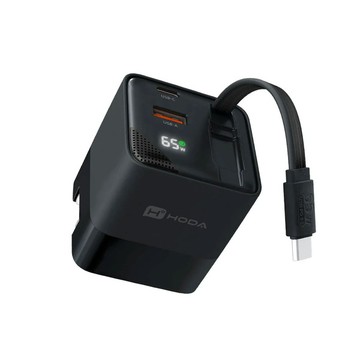 【hoda】65W GaN 氮化鎵三輸出自帶伸縮線電源供應器(黑色)