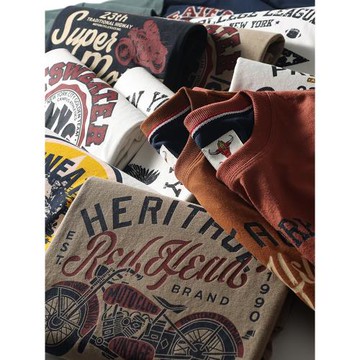 美式潮流 夏季純棉磨毛摩托車印花圓領男士寬松休閑短袖百搭T恤