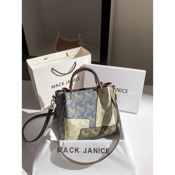 MackJanice新中式復古拼接撞色托特包女士2024新款單肩斜挎包包