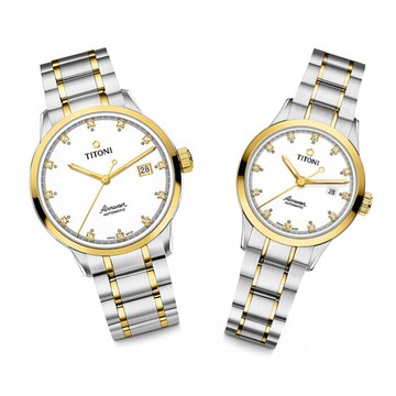 TITONI瑞士梅花錶 空中霸王系列 83733SY-556+23733SY-556 單鑽機械腕錶/金銀 40+29mm｜情人對錶｜樂天全館特惠中★指定刷卡回饋10%