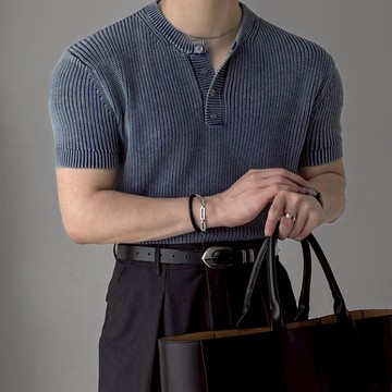 【Metanoia】韓國設計 水洗亨利領短袖針織衣