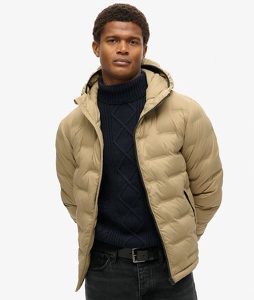 Superdry Men's Hooded Quilted Puffer Coat Tan Size: S