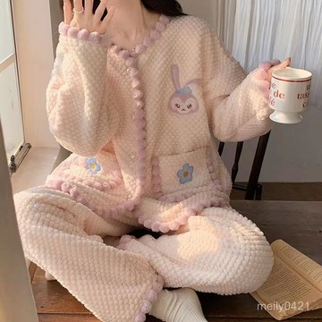 睡衣女秋冬季珊瑚絨加絨加厚法蘭絨可愛女士可外穿家居服套裝冬天