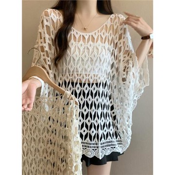 慵懶風蝙蝠衫大碼寬松鏤空針織女罩衫外穿上衣外搭套頭夏季新款潮