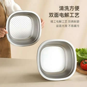 ✨【廚房巧濾】不鏽鋼方盆洗菜盆 瀝水籃淘米過濾網篩 洗米洗水果濾水漏盆 多功能瀝水盆 防鏽耐用 廚房收納神器