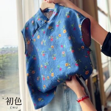 初色 新中式復古碎花印花立領盤扣無袖背心T恤襯衫短款旗袍上衣女上衣-藍色-12568(M-2XL可選)