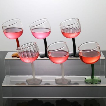 歪頭可愛花朵中古風高腳杯黑色透明豎紋復古法式浪漫香檳杯酒具